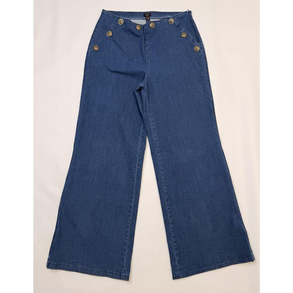 G.I.L.I. Jeans Womens 10 Blue High Rise Wide Leg Sailor Button Stretch Denim